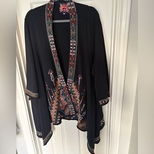 JOHNNY WAS EMBROIDERED OPEN COAT, kimono style in black cotton -Sz 2X STUNNING!